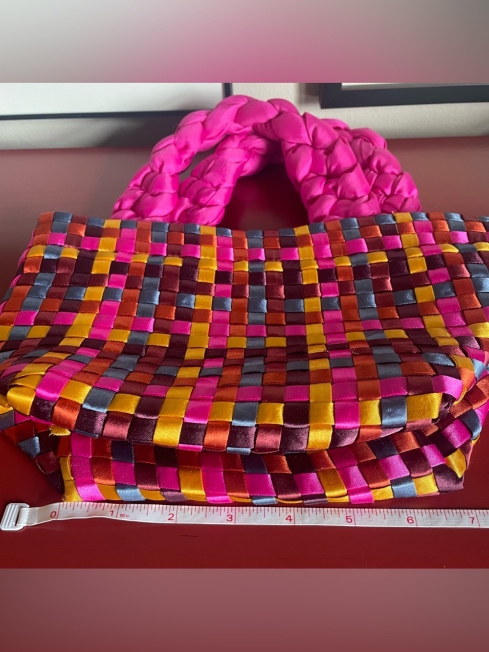 2 Handwoven Satin-Like Mini Tote Bags - Lavender/Blue/Green & Pink/Yellow/Orange - Picture 11 of 12